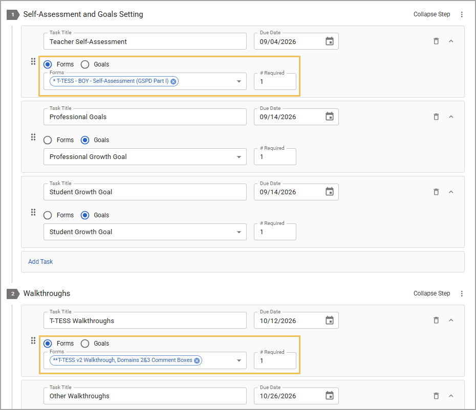 Overview of steps and tasks with due dates and required forms assigned to the task.